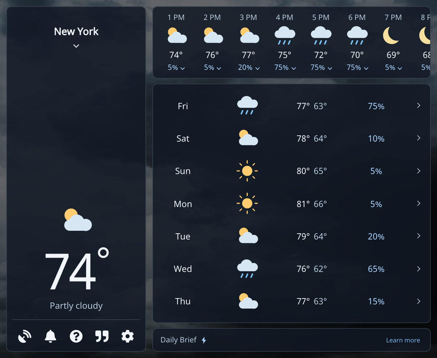 Weather Extension showing the New York forecast in the refreshed popup
