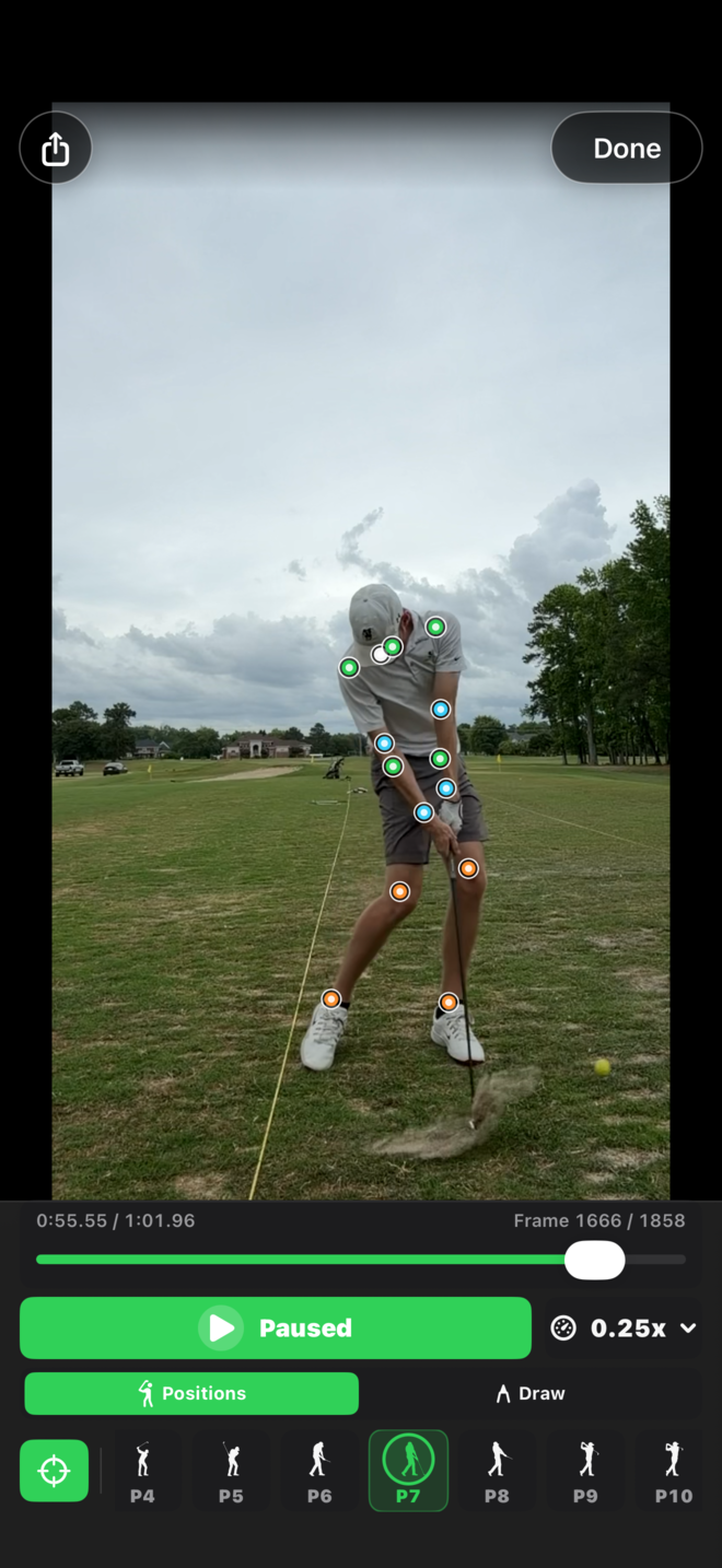 Golf Swing Camera body points overlay while reviewing a swing
