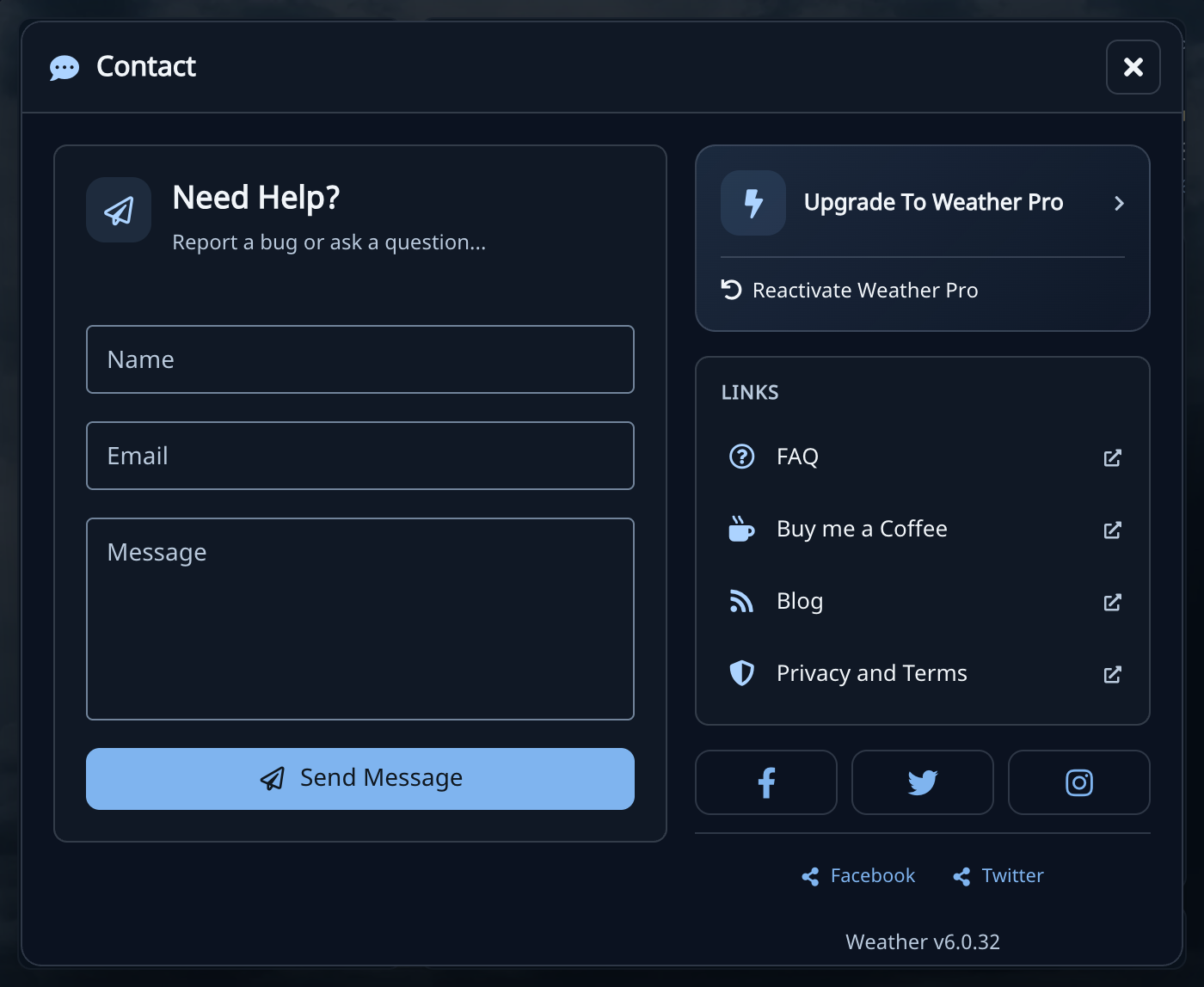 Contact panel with Upgrade To Weather Pro at the top right, above Reactivate Weather Pro