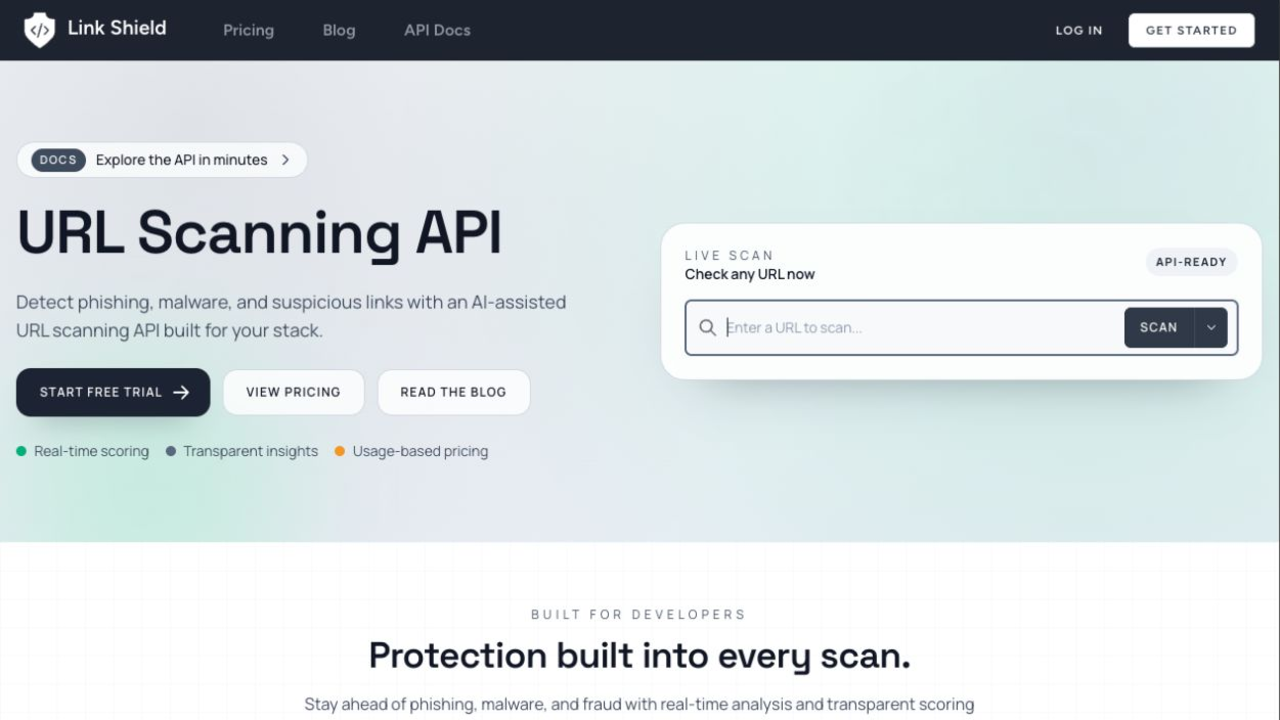 LinkShield URL scanning API homepage