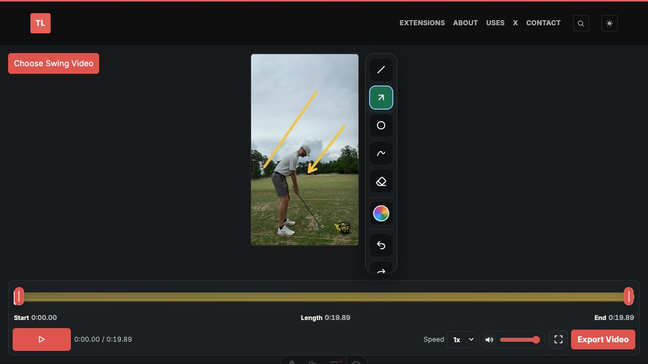 Golf Swing Analyzer design mode showing drawing tools for lines, arrows, circles, freehand notes, and erase