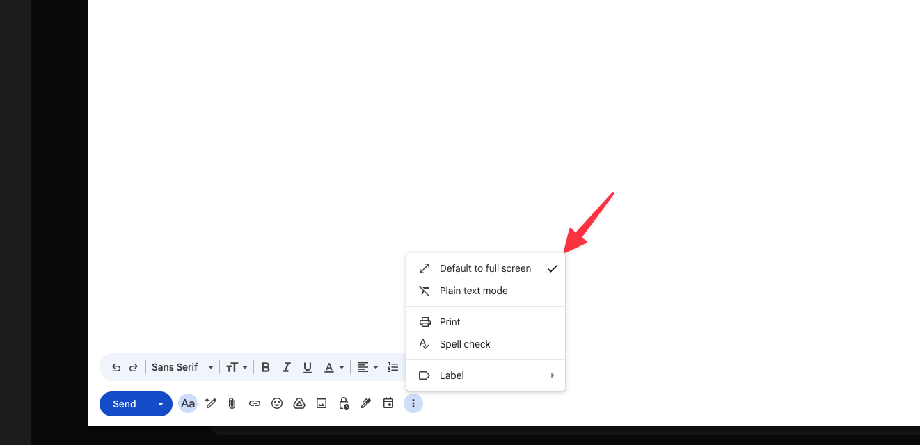 Gmail compose window menu showing the Default to full-screen option checked.