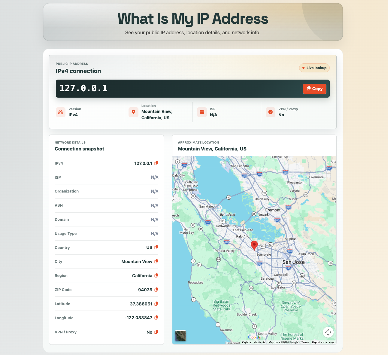 What Is My IP Address tool screenshot using the fake IP address 127.0.0.1 instead of a real public IP.
