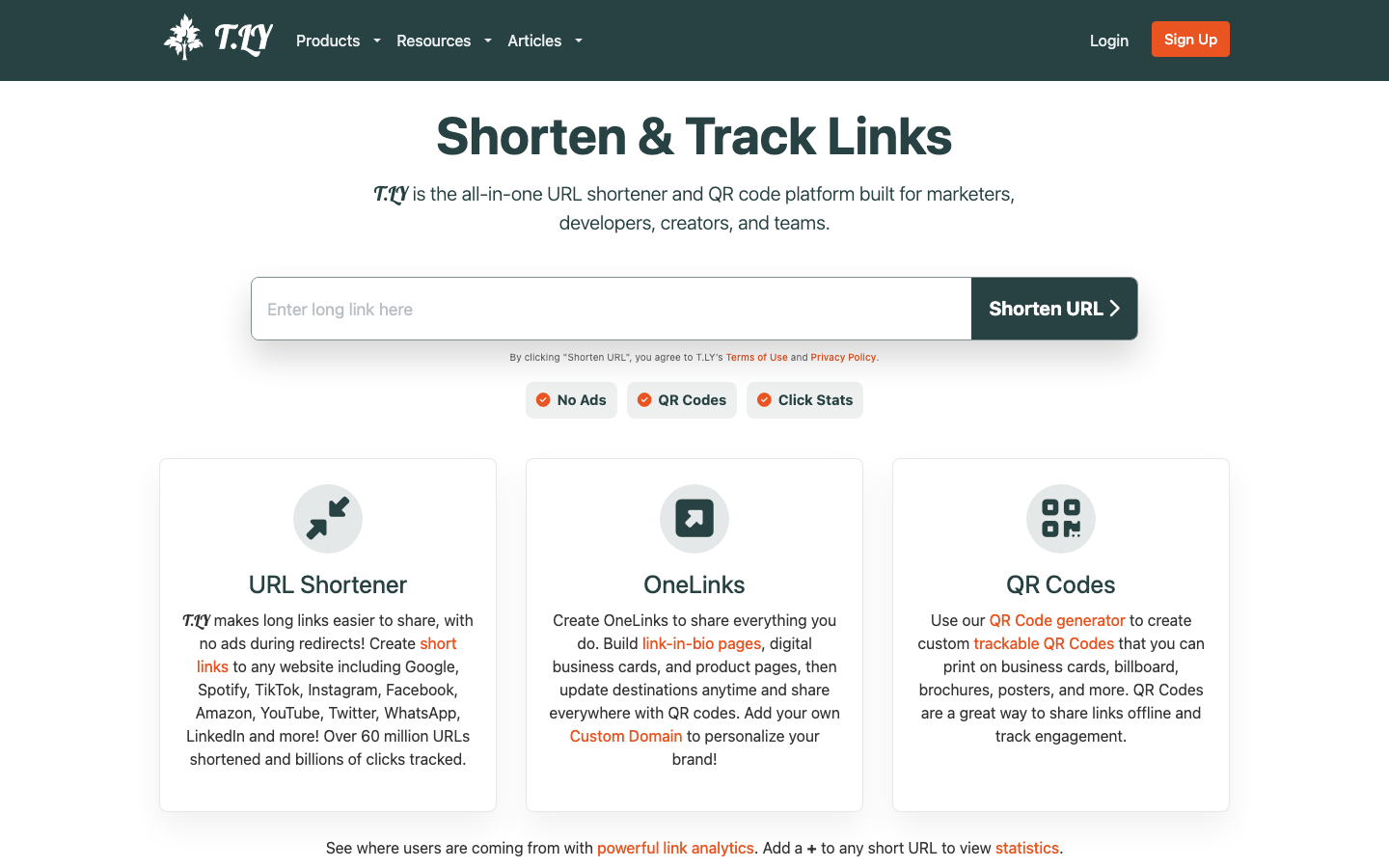 T.LY homepage screenshot showing the URL shortener, QR codes, and OneLinks features