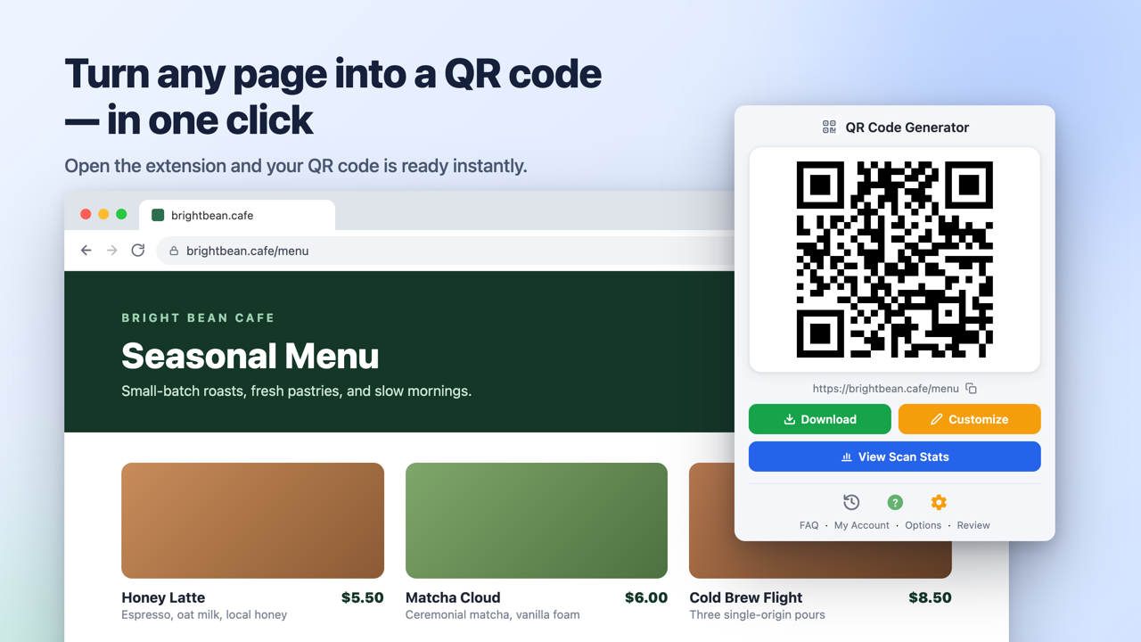 QR Code Generator extension creating a QR code for the current page