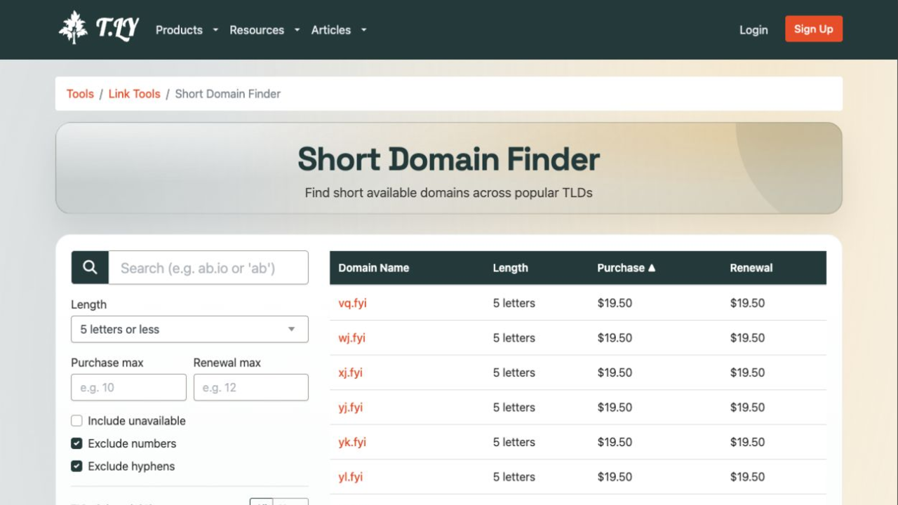 Short Domain Finder homepage
