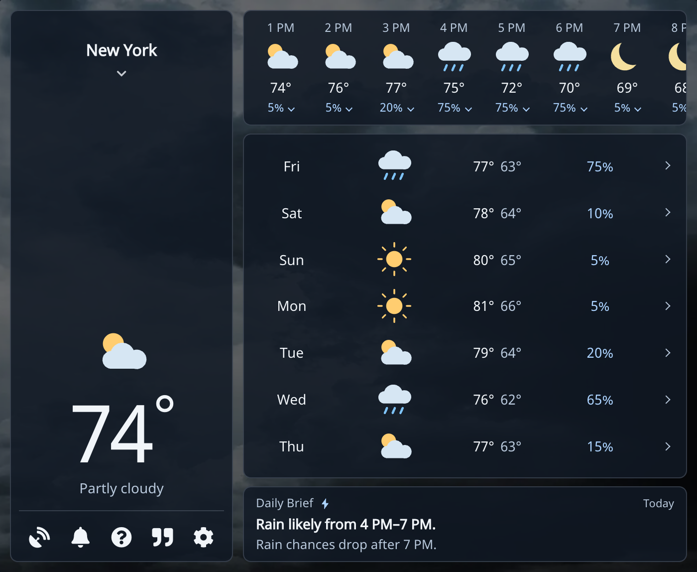 Refreshed Weather Extension showing New York demo weather, hourly and daily forecasts, and a Daily Brief