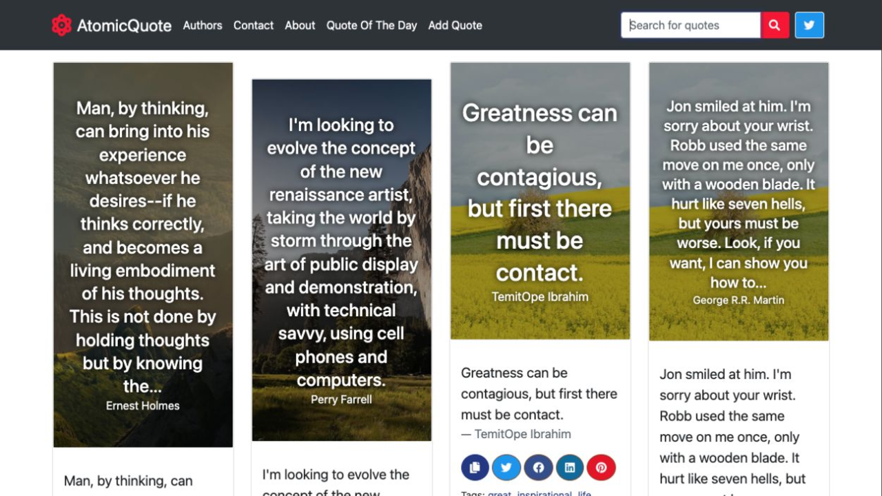 AtomicQuote homepage showing popular quotes