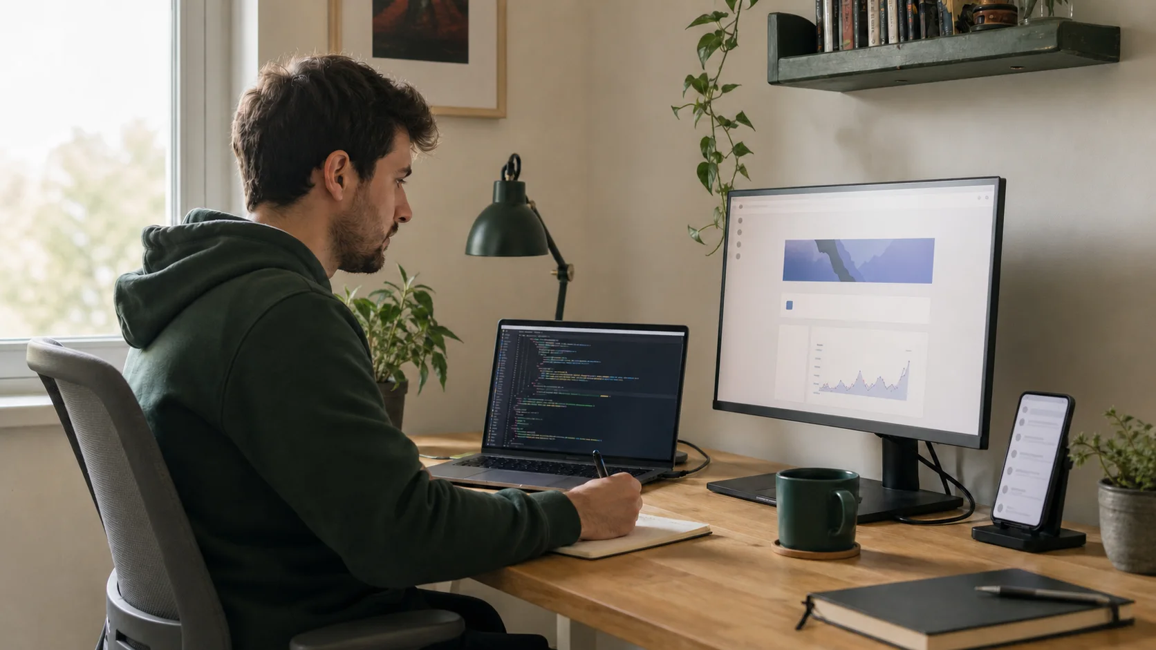 Solo product builder working across code, analytics, and customer messages from one desk