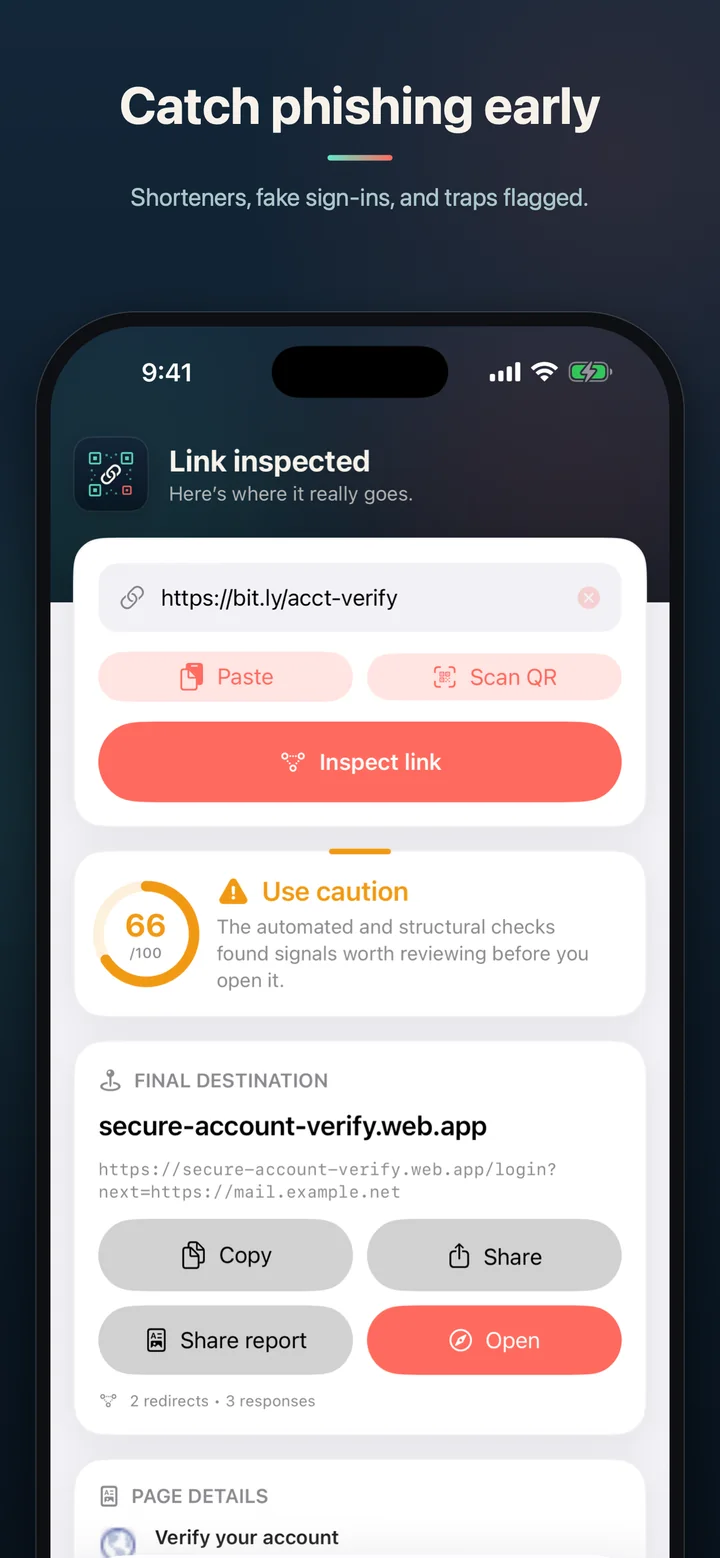 BeforeTap showing caution signs for a suspicious destination