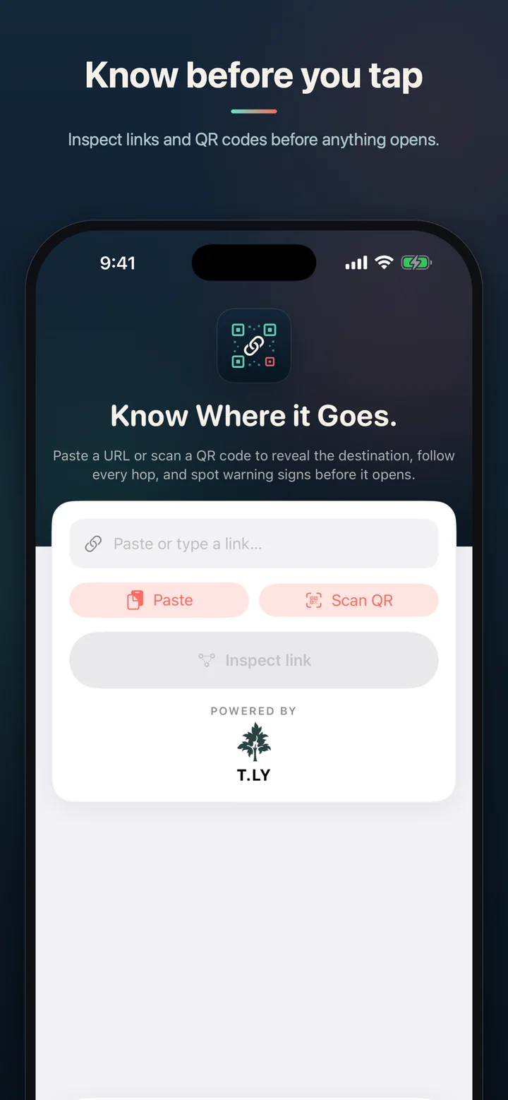 BeforeTap home screen for checking links and QR codes