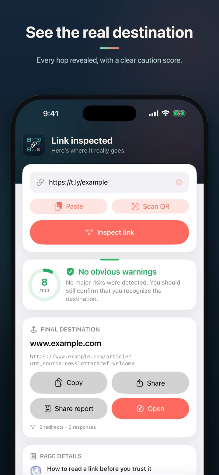 BeforeTap showing the real destination behind a shortened link