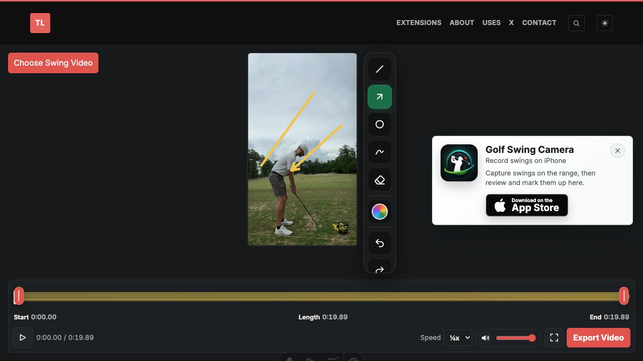Golf Swing Analyzer design mode showing drawing tools for lines, arrows, circles, freehand notes, and erase