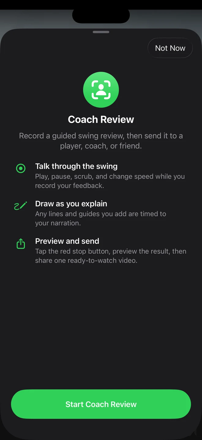 Coach Review walkthrough explaining narration, timed drawings, and sharing, with a Start Coach Review button