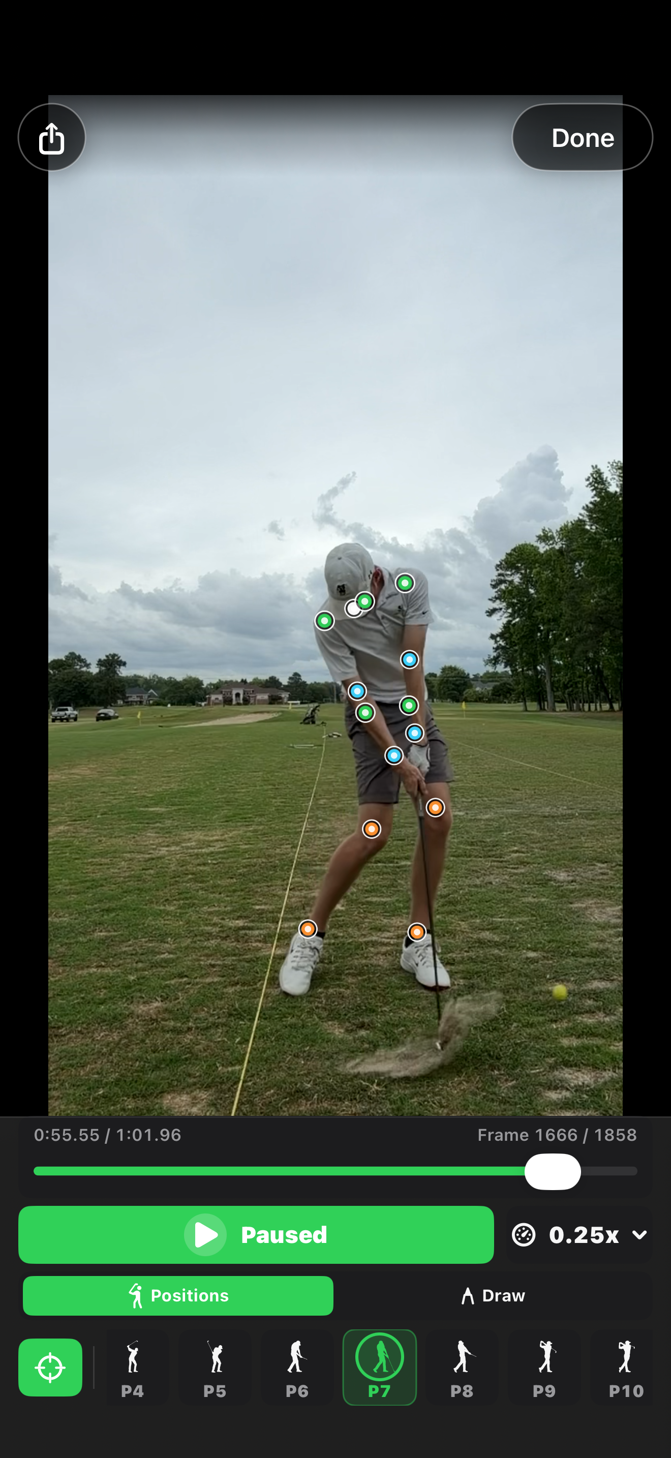 Golf Swing Camera body points overlay while reviewing a swing