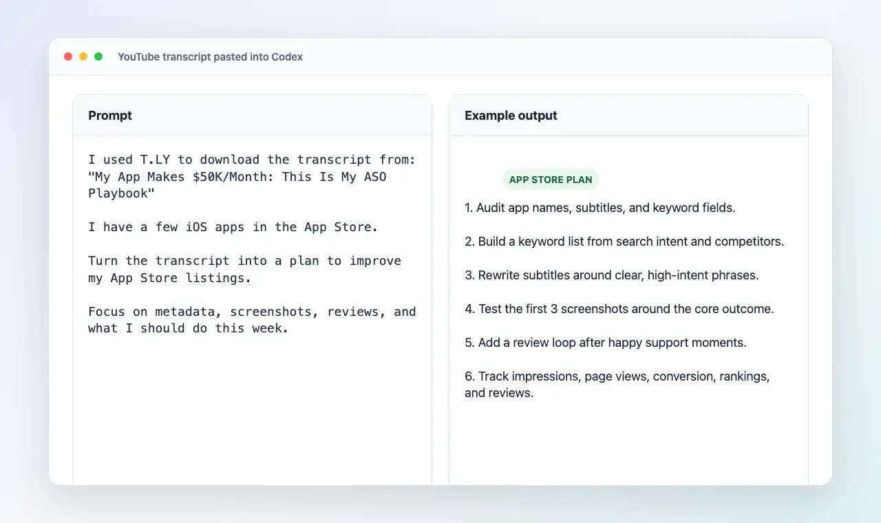 Example Codex prompt asking how to apply a YouTube ASO transcript to improve iOS App Store listings.