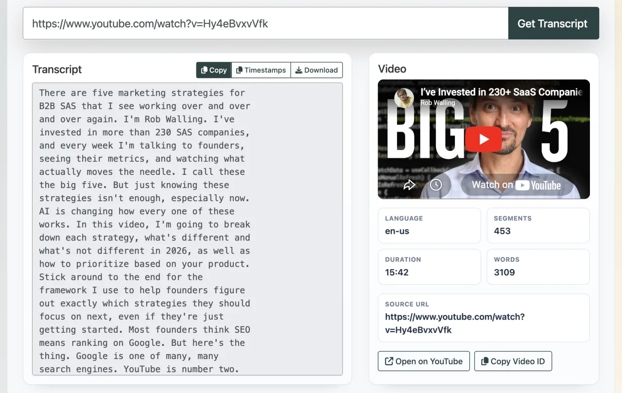 YouTube Transcript Extractor showing a YouTube URL, transcript text, and video preview.