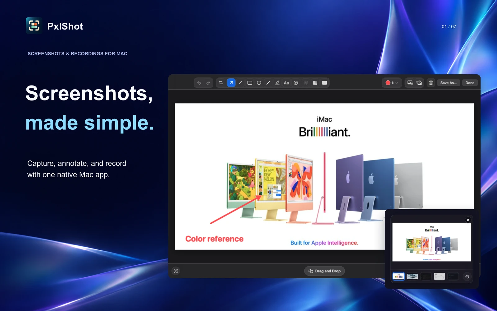 PxlShot annotates an iMac page as a color reference, with Quick Access alongside.