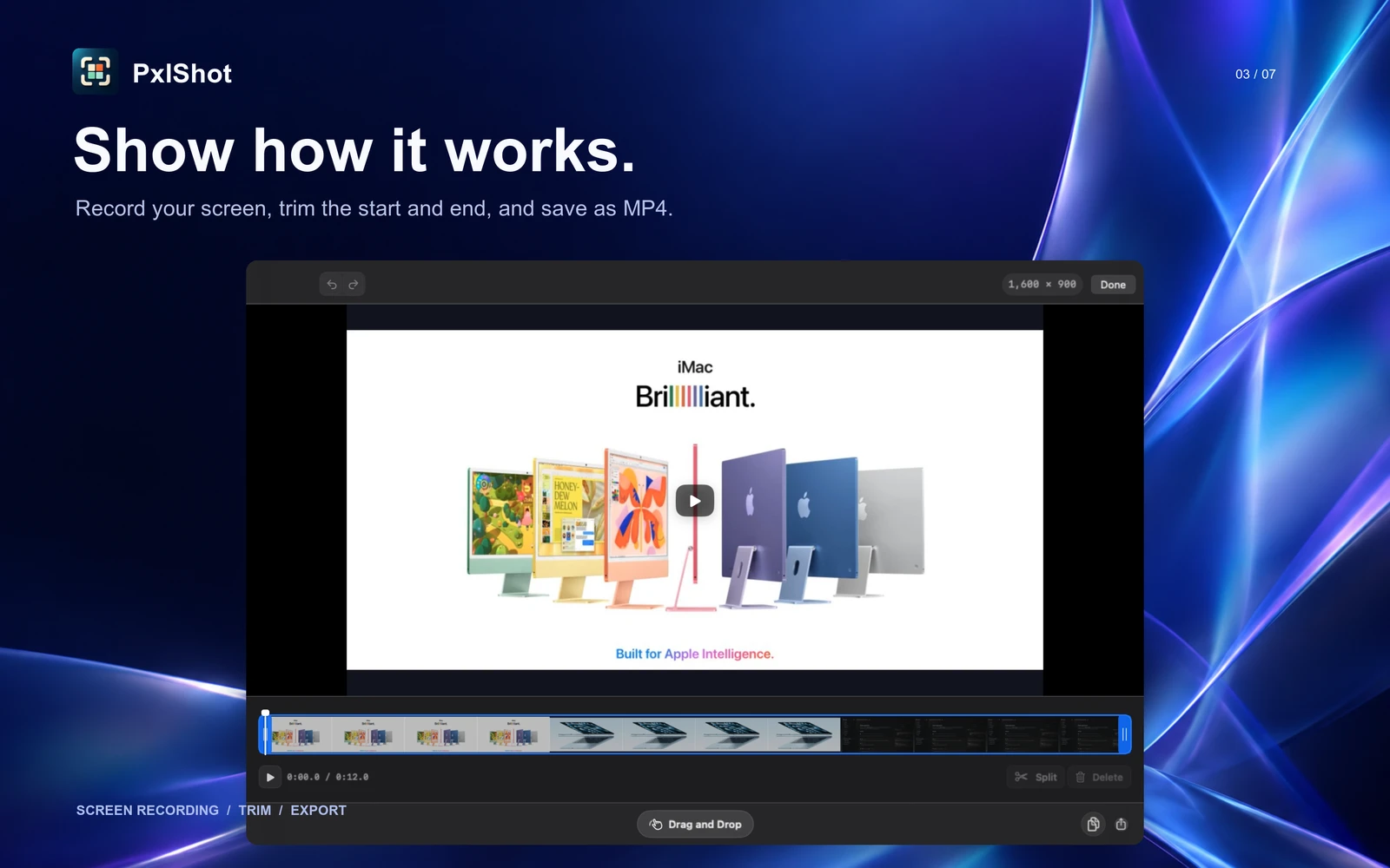 PxlShot video editor showing a public website walkthrough with timeline and trimming controls.