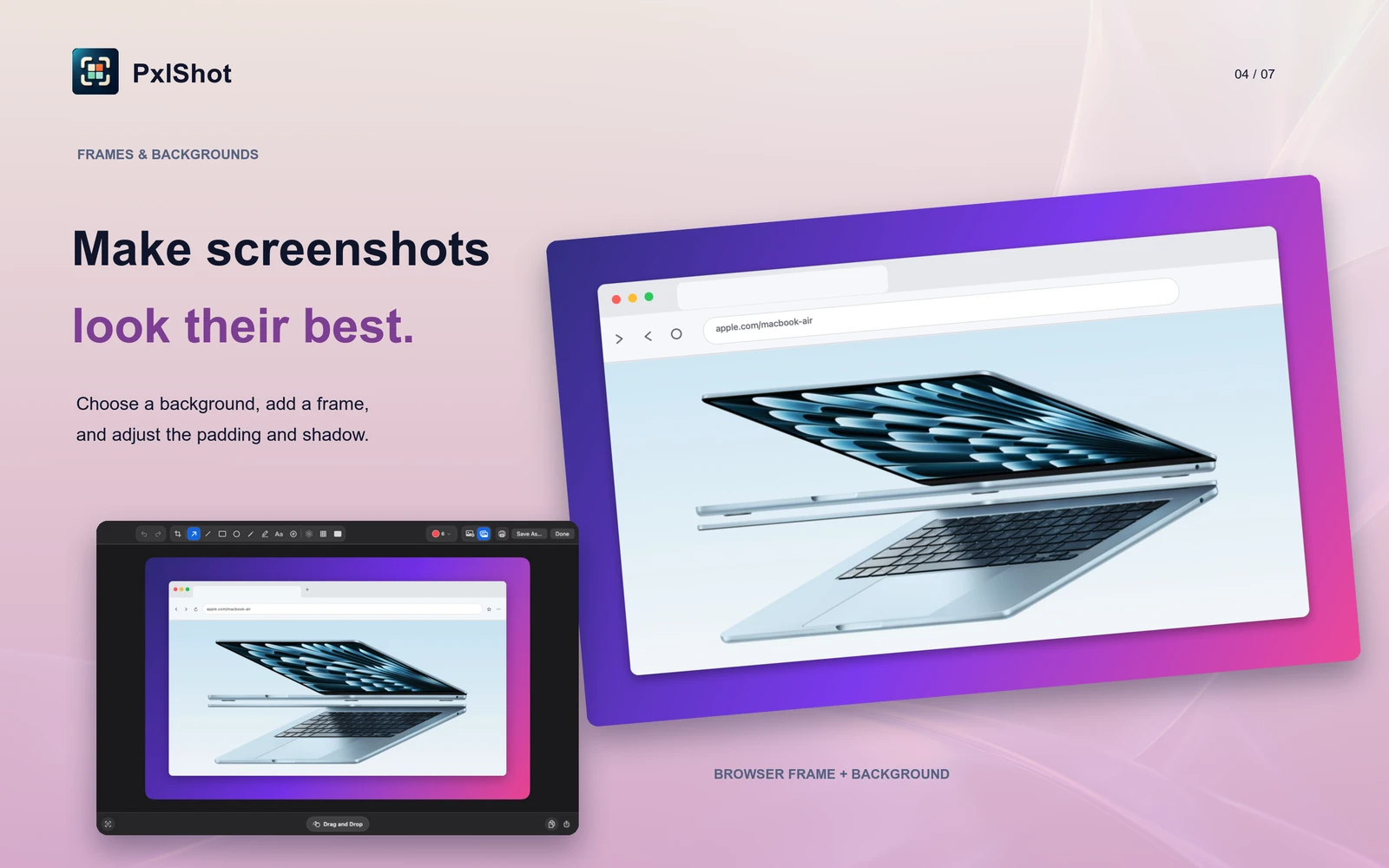 A MacBook page styled in PxlShot with a browser frame and violet gradient.