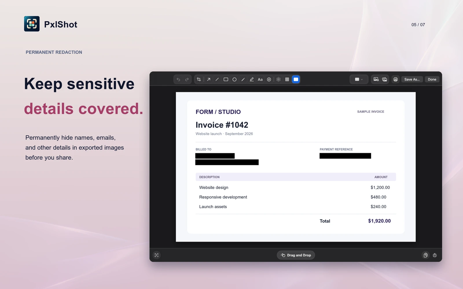 PxlShot permanently redacts fictional name, email, and reference fields on a sample invoice.
