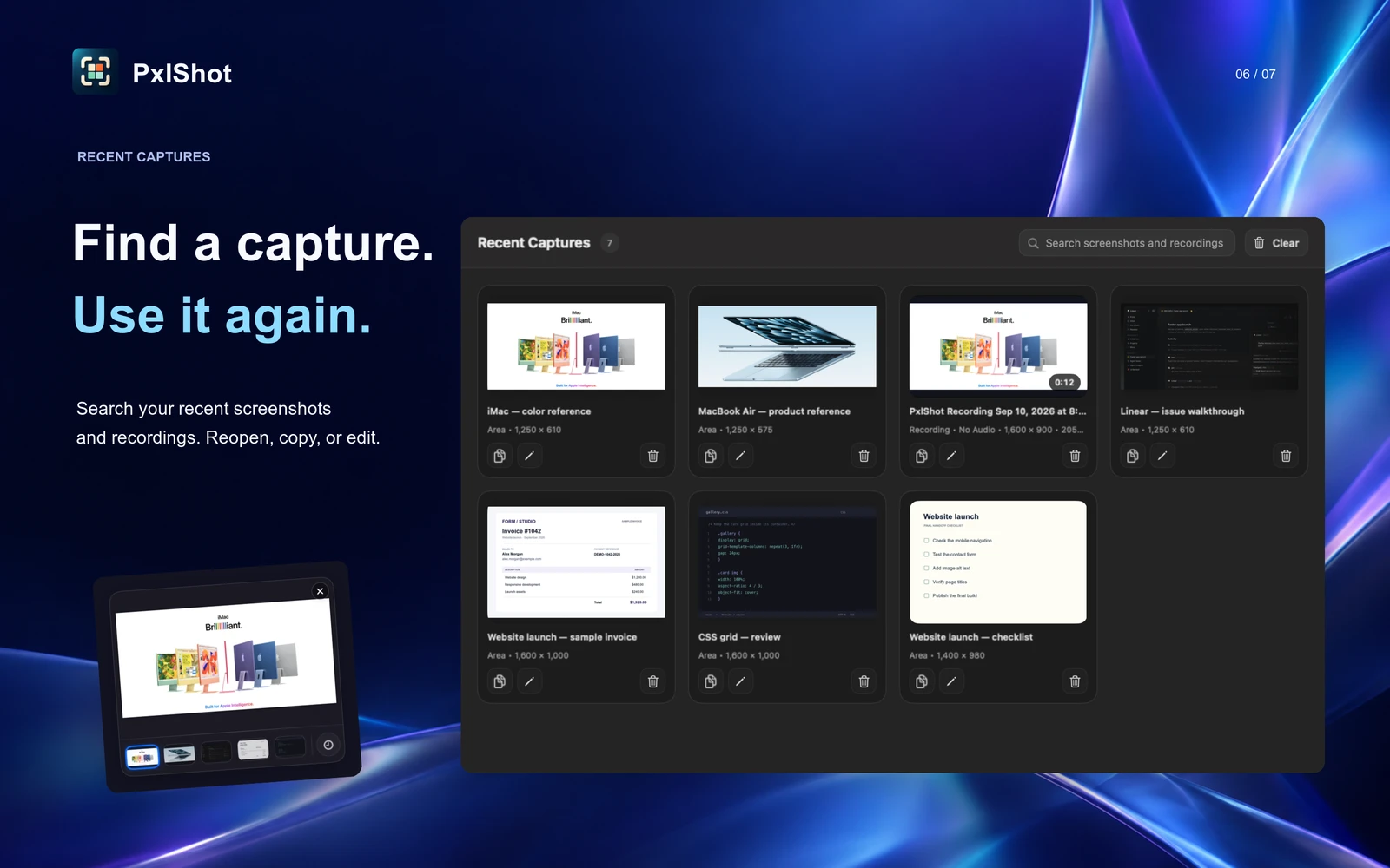 PxlShot Recent Captures with public website captures, a CSS review, and sample documents.