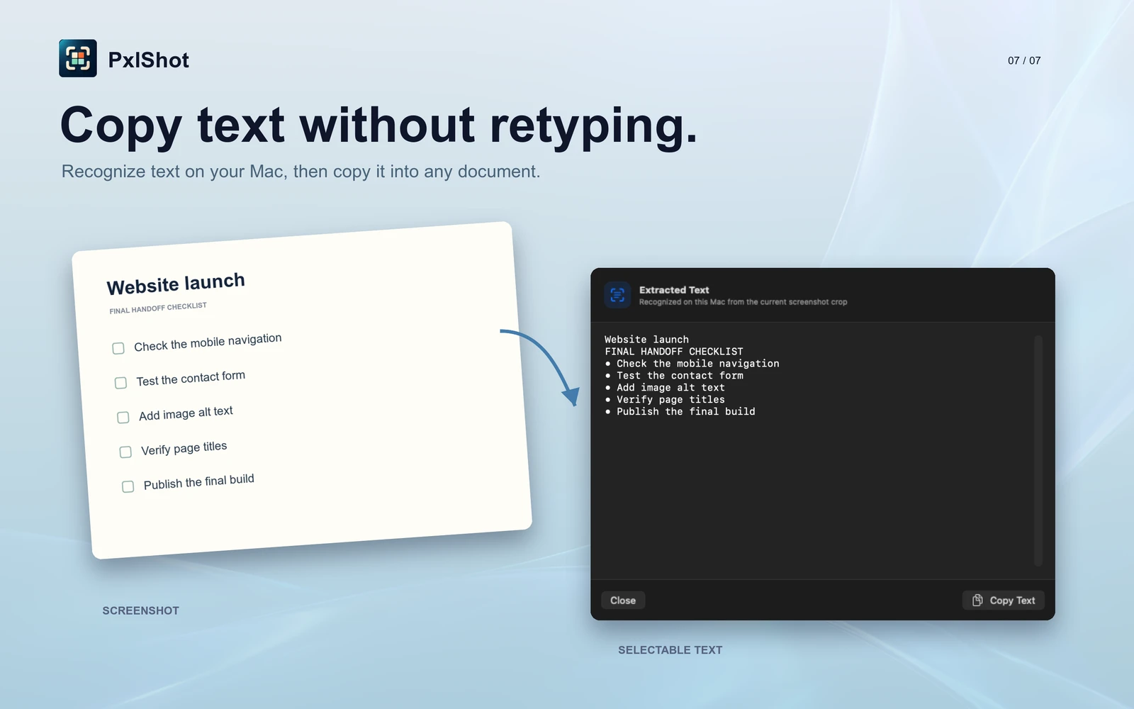 PxlShot extracts selectable text from a website launch checklist screenshot on the Mac.