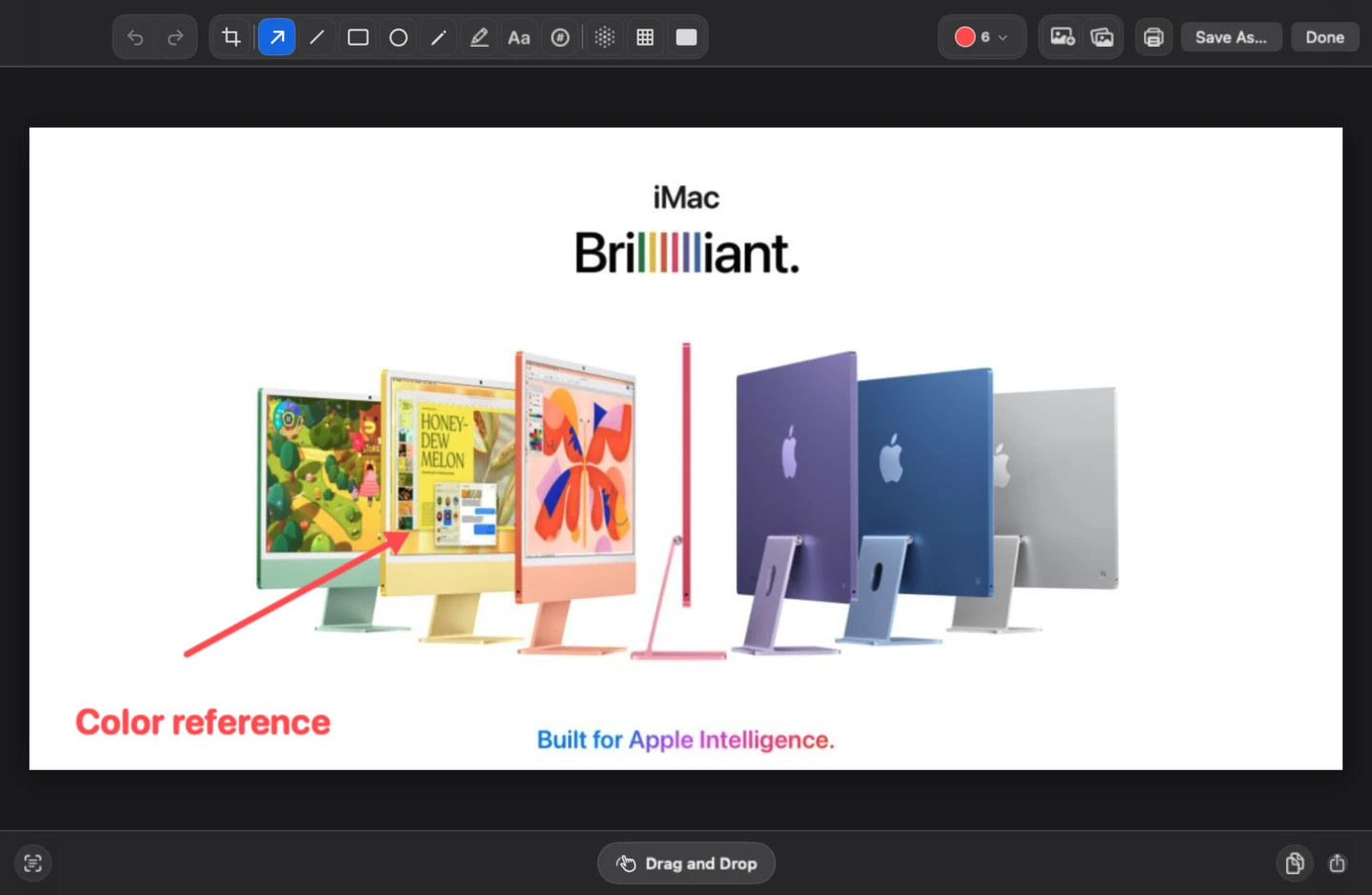 PxlShot's screenshot editor with an arrow and color-reference note on the public Apple iMac page.