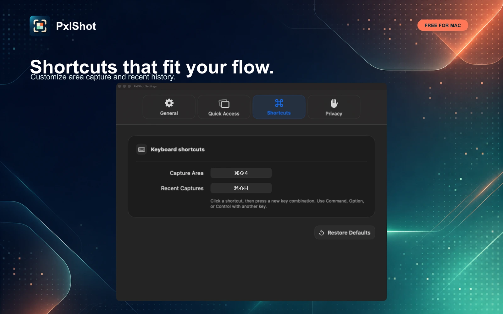 PxlShot customizable capture shortcuts