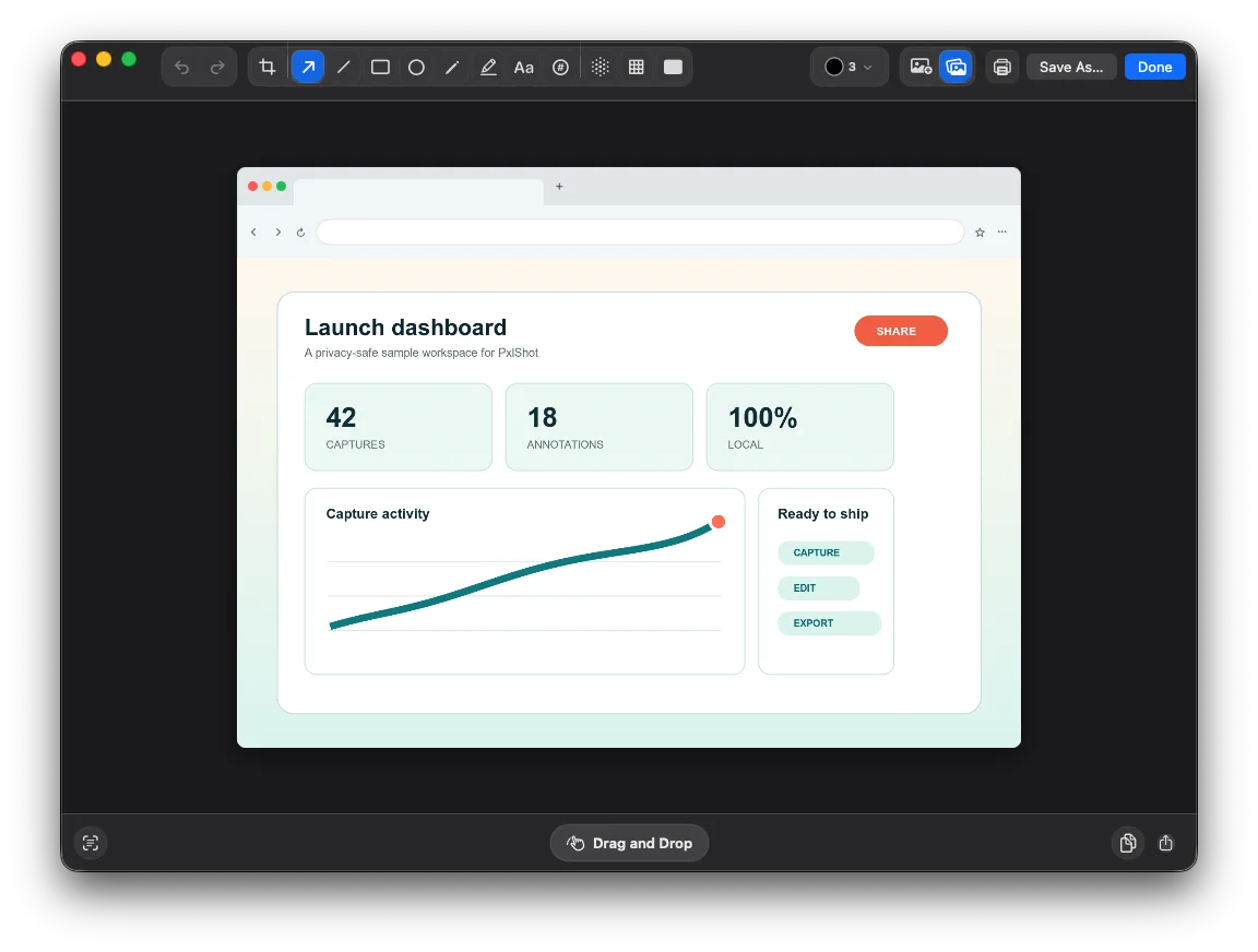 PxlShot editor showing a screenshot inside a light macOS browser frame