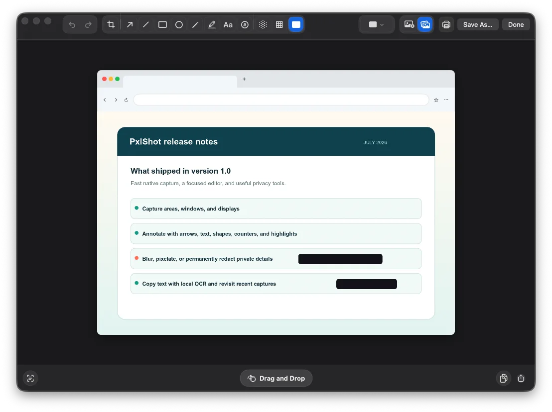 PxlShot editor with two details permanently redacted