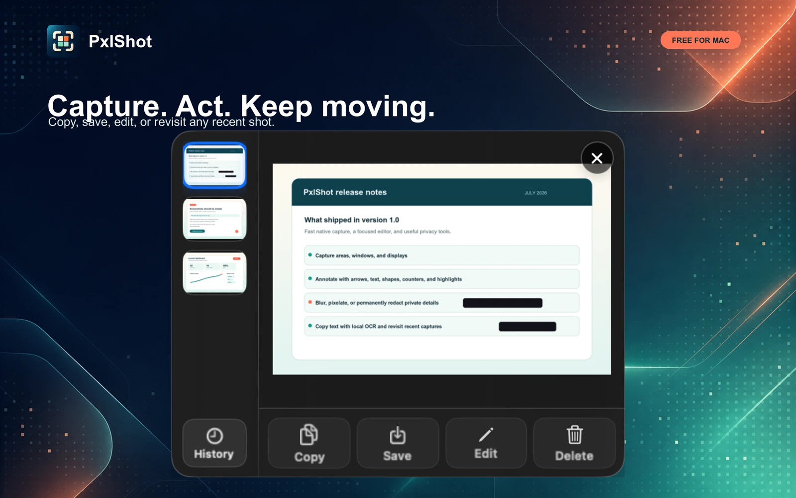 PxlShot Quick Access panel with recent capture thumbnails and copy, save, edit, and delete actions