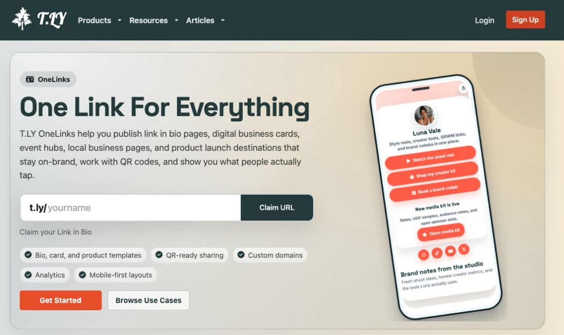T.LY OneLinks page with a preview of a page of links on a phone