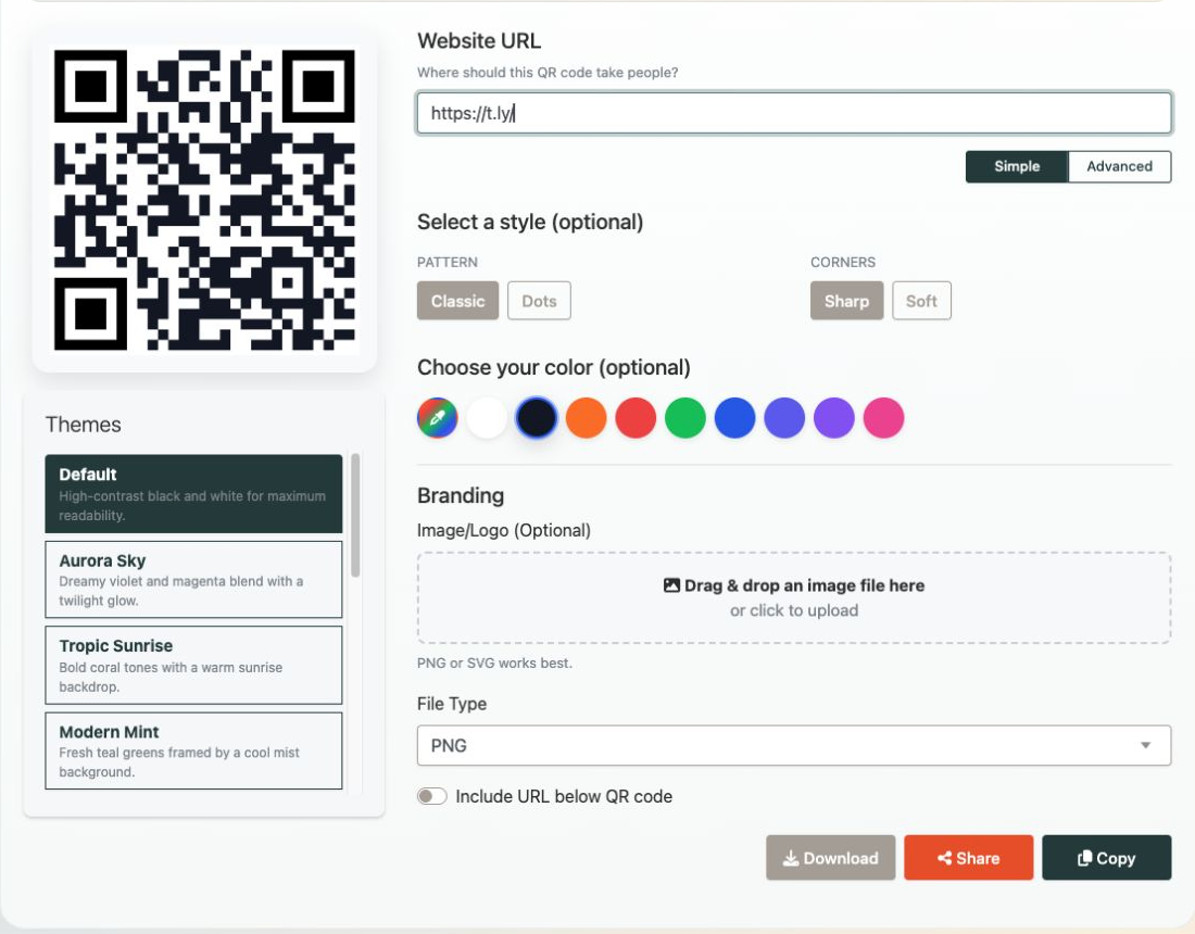 T.LY QR code generator showing a custom code and styling options