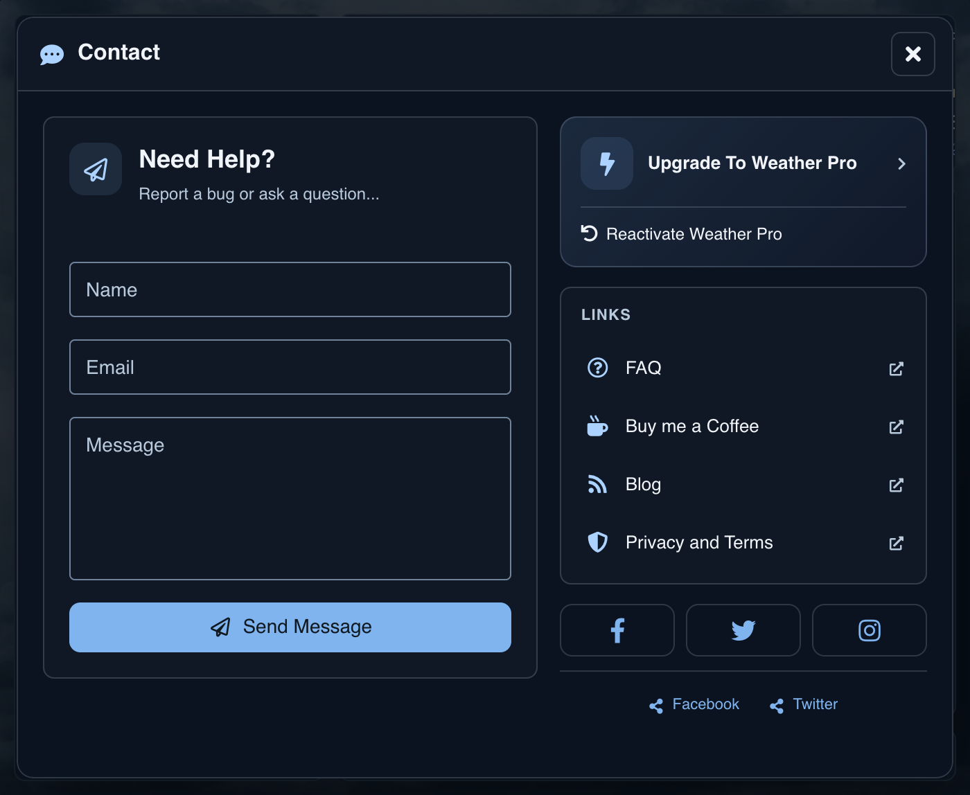 Contact panel with Upgrade To Weather Pro at the top right, above Reactivate Weather Pro