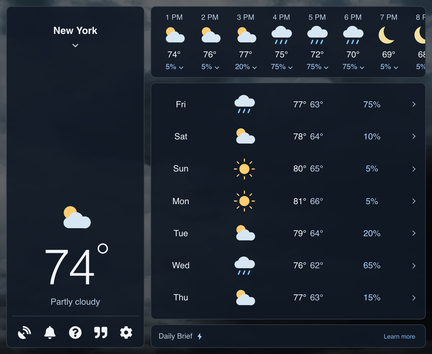 Weather forecast with the question mark Contact button below the current temperature