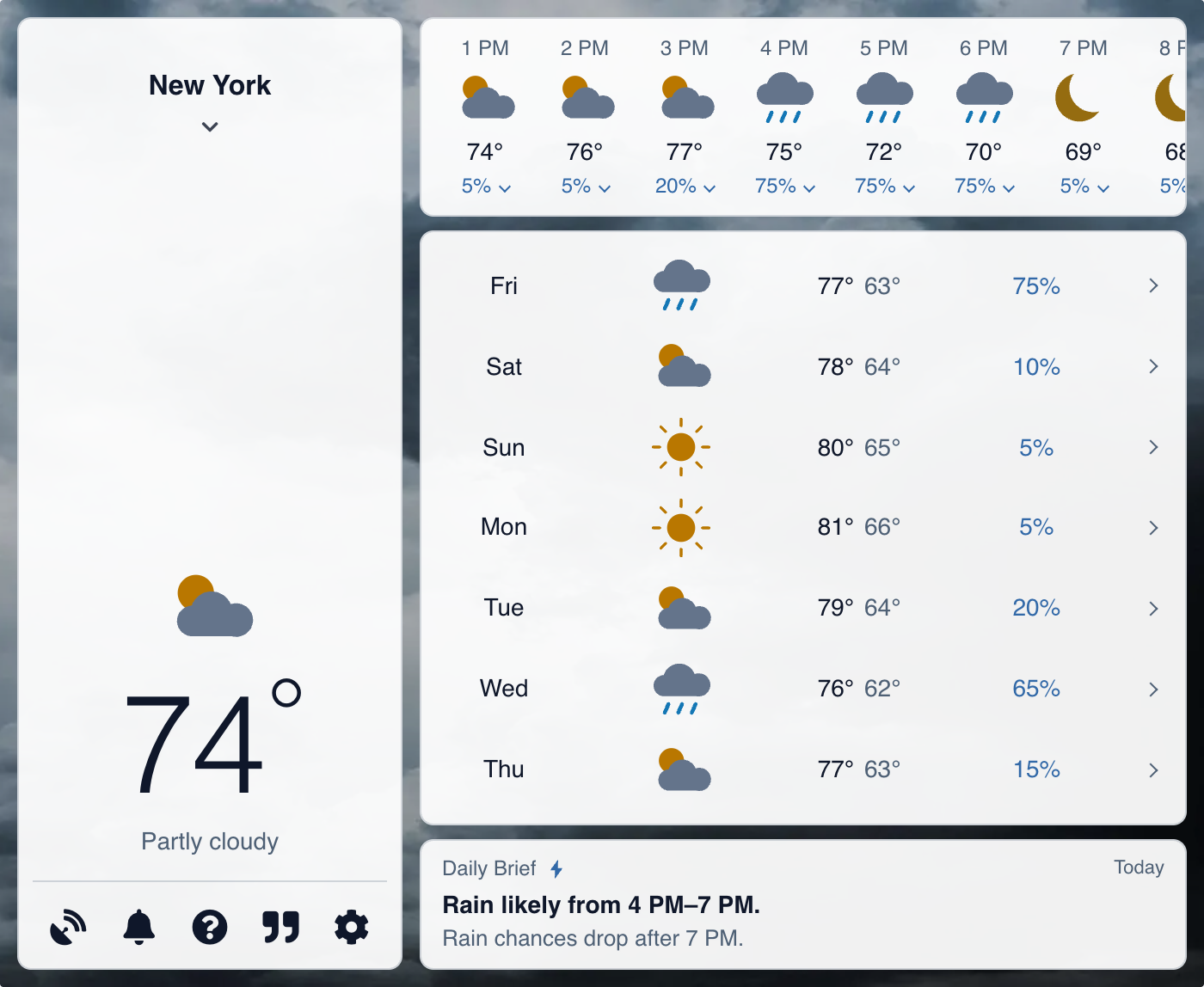 Weather Extension in light mode with filled Clarity weather icons