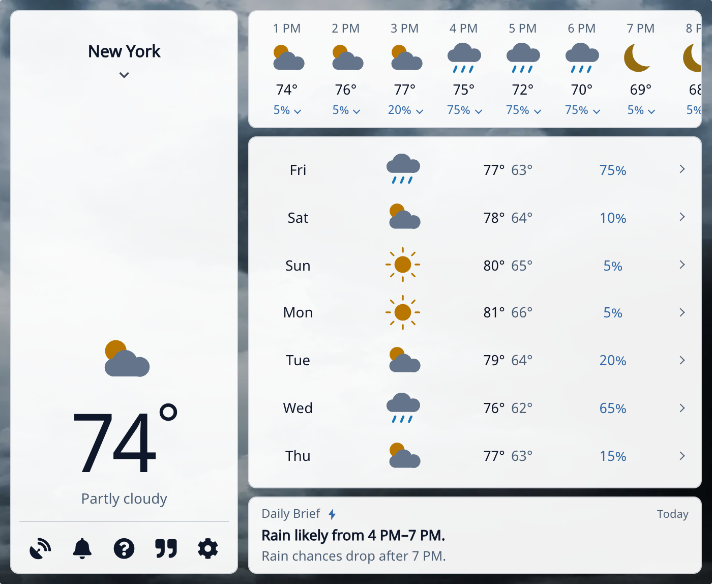 Weather Extension in light mode with filled Clarity weather icons