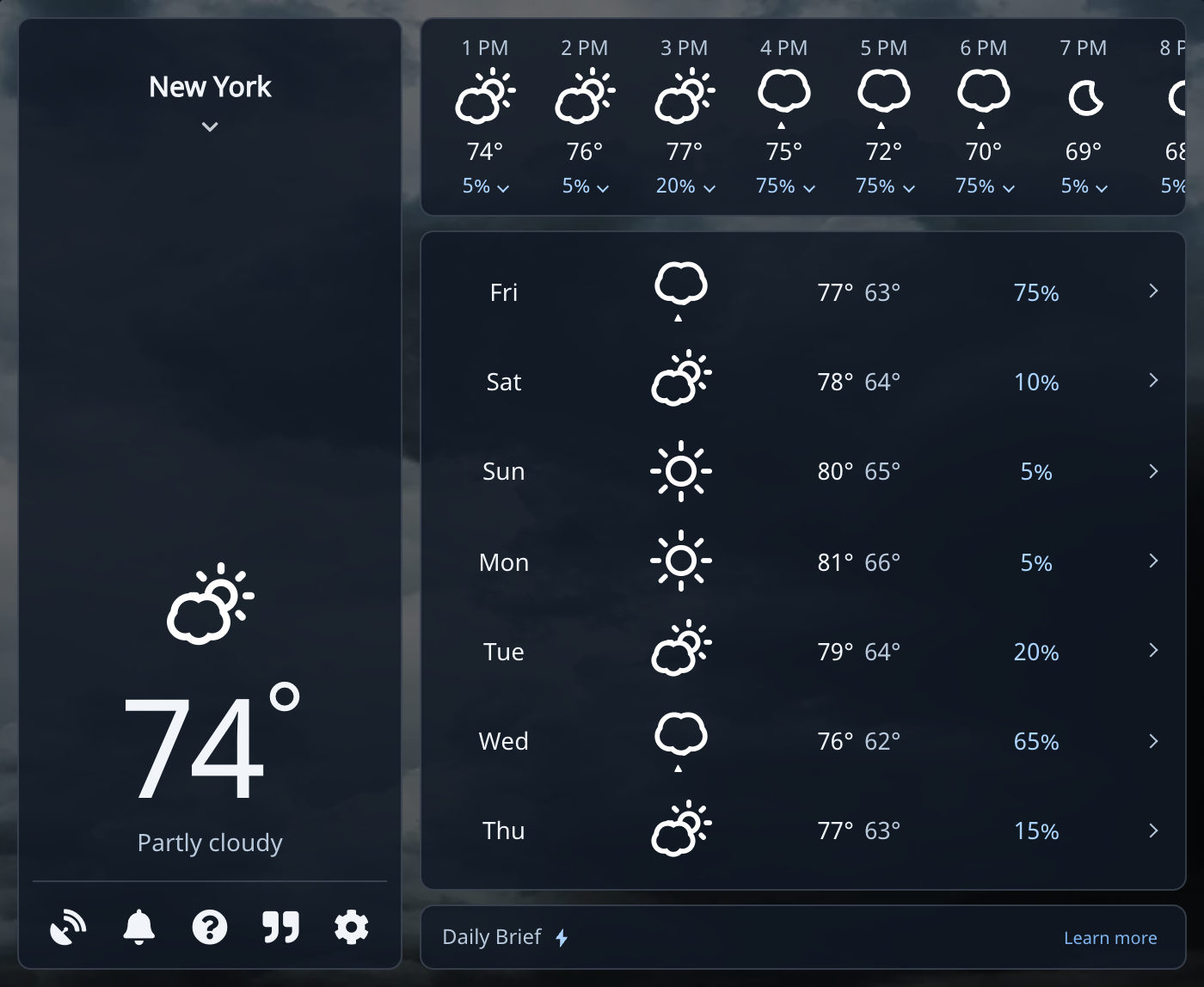 Weather Extension in dark mode with the outline Animated icon style