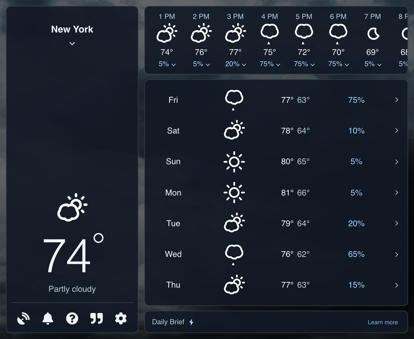 Weather Extension in dark mode with the outline Animated icon style