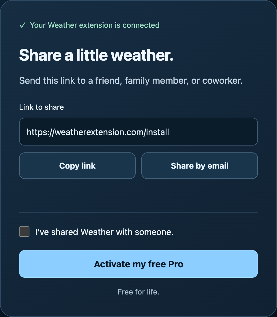 Free Weather Pro page with sharing buttons, the confirmation checkbox, and Activate my free Pro