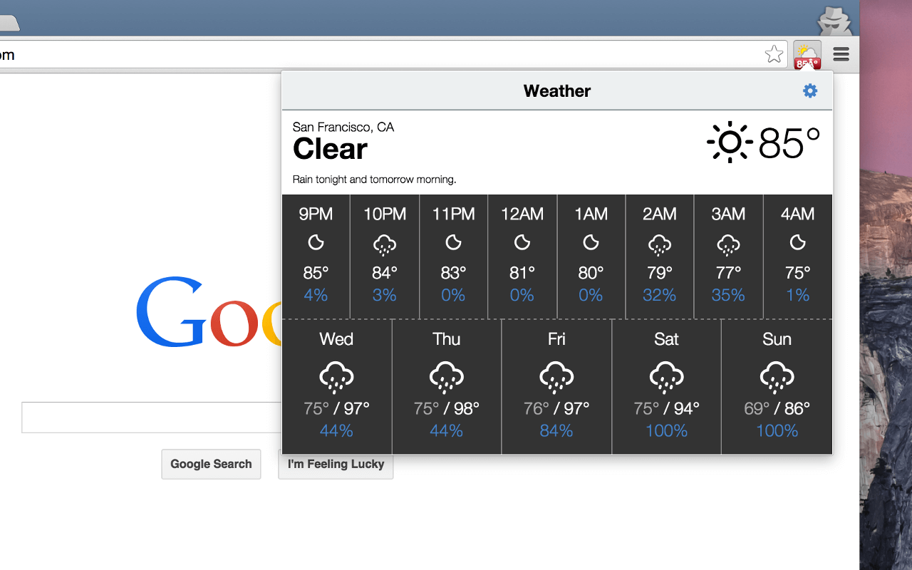 The 2015 Weather Extension showing a San Francisco forecast