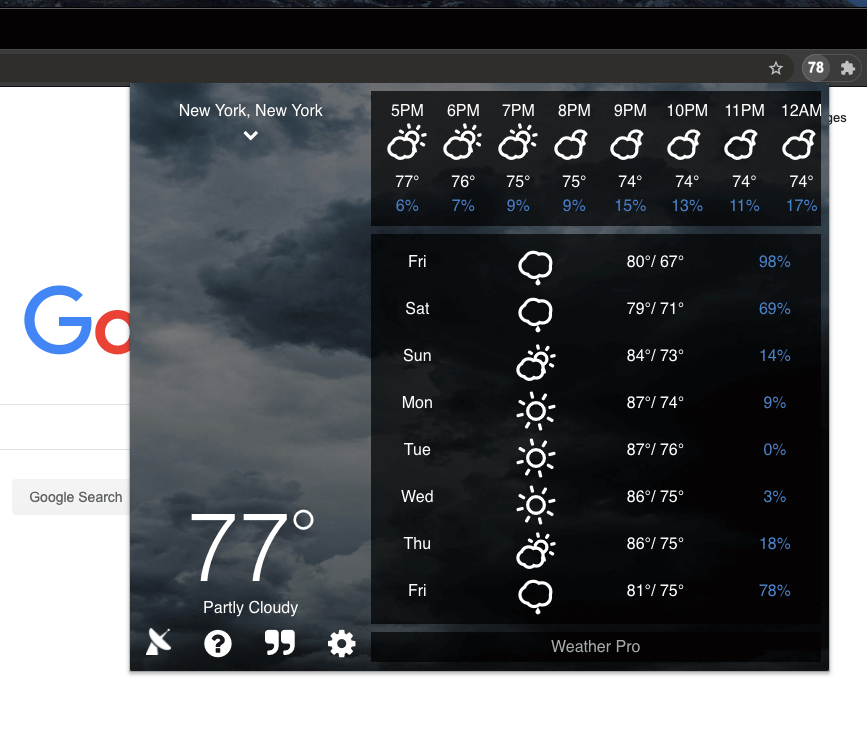 The 2020 Weather Extension v5 showing New York with a photographic background