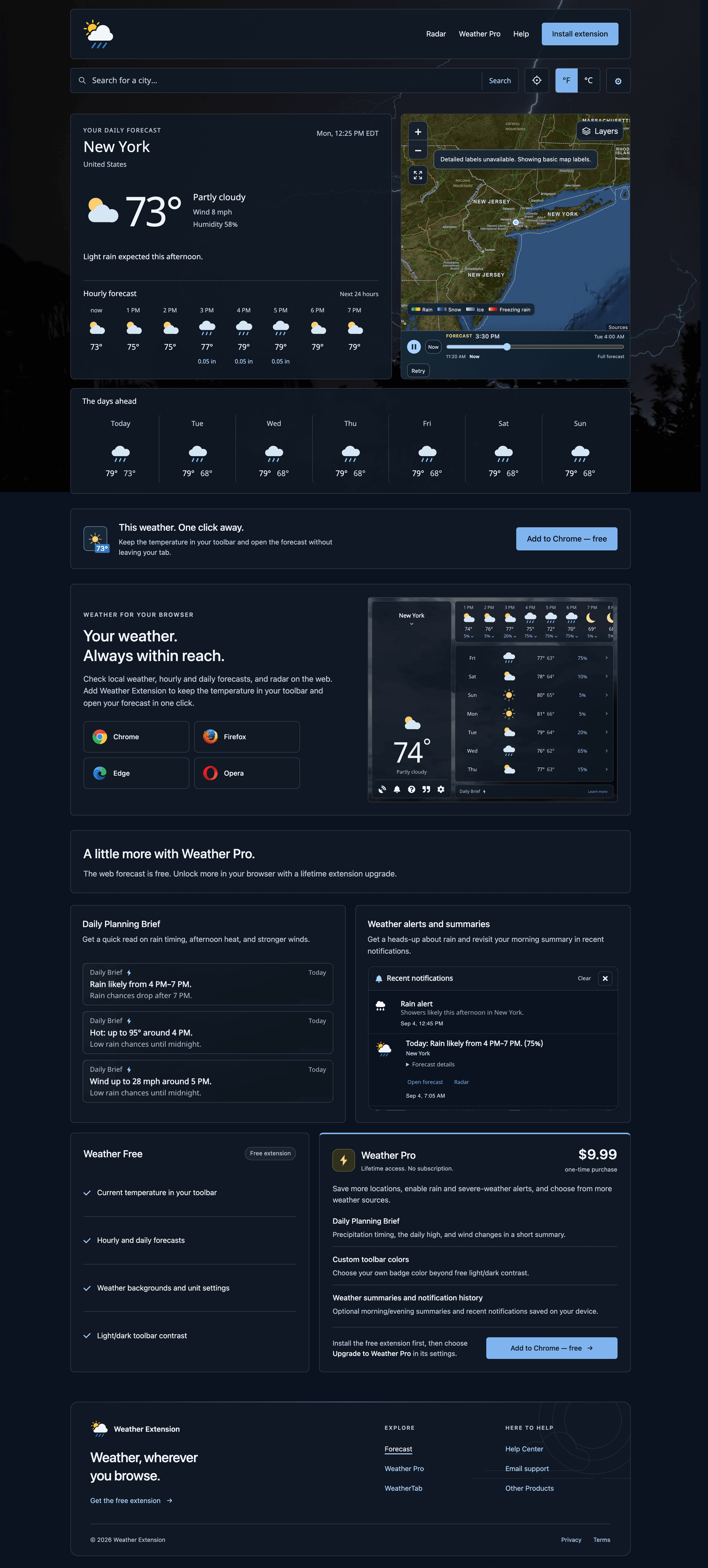 Top of the Weather website with New York current conditions, the hourly forecast, and radar beside it