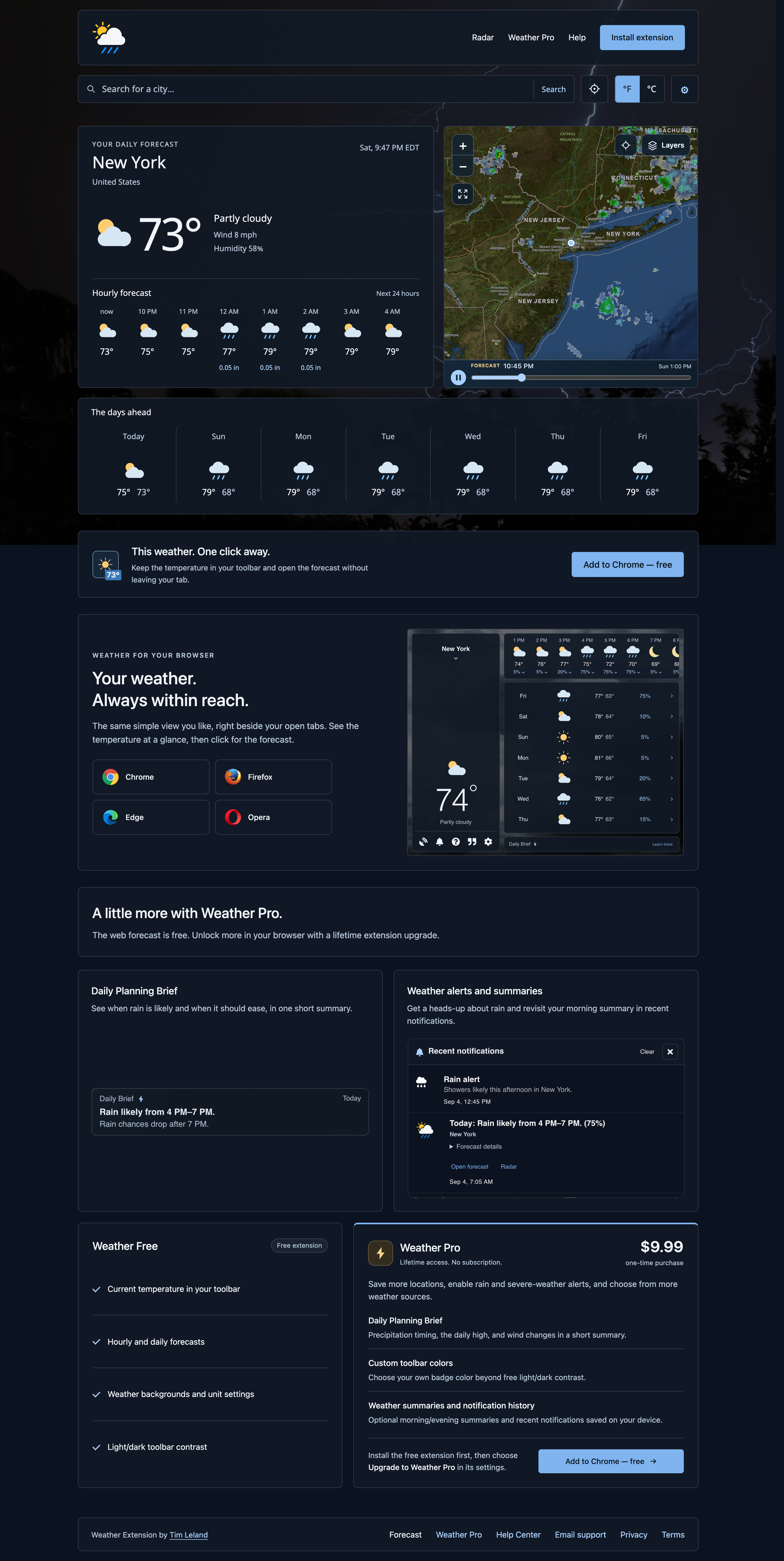 Top of the Weather website with New York current conditions, the hourly forecast, and radar beside it