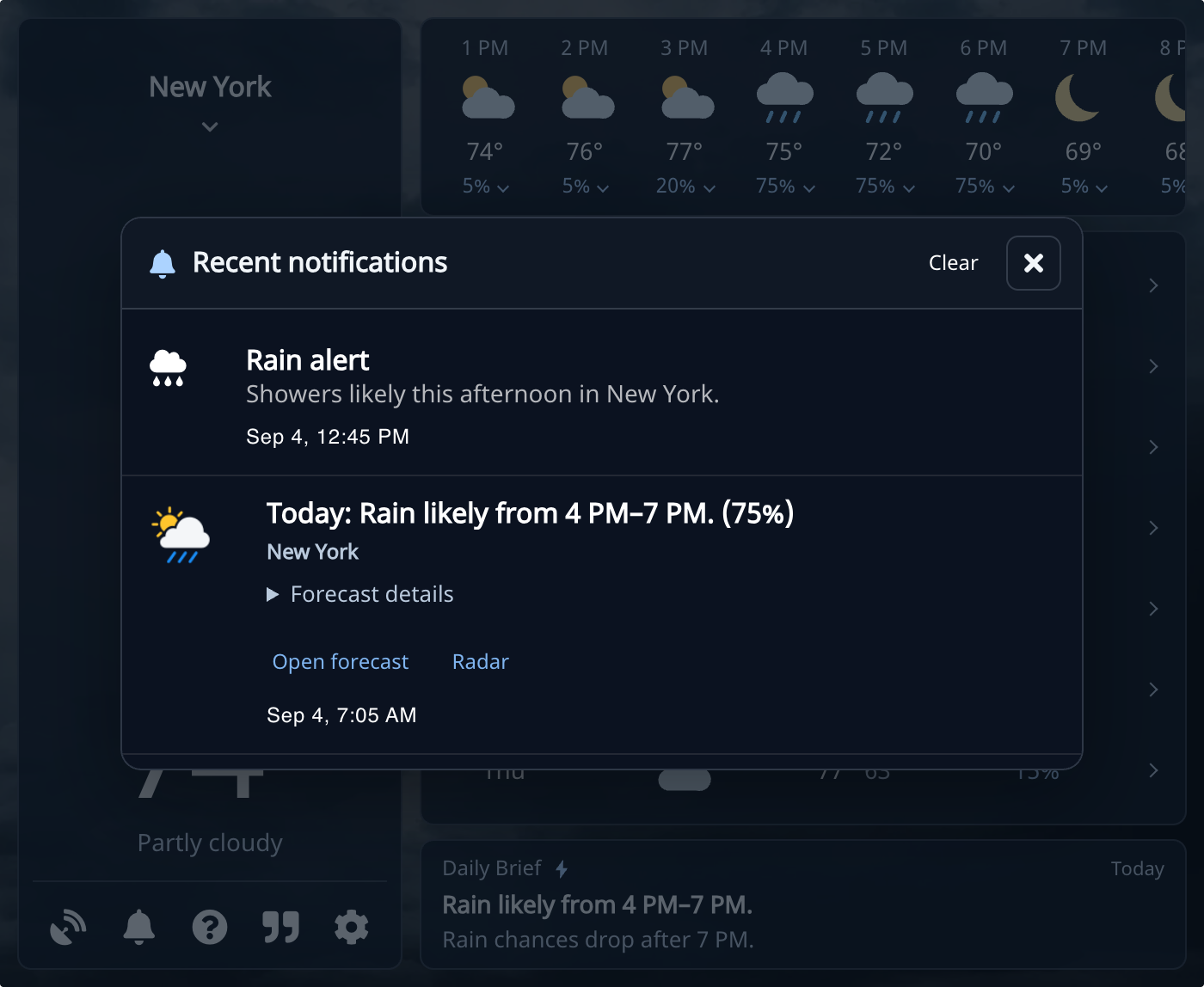 Recent notifications showing a rain alert and a morning summary with Forecast details, Open forecast, and Radar
