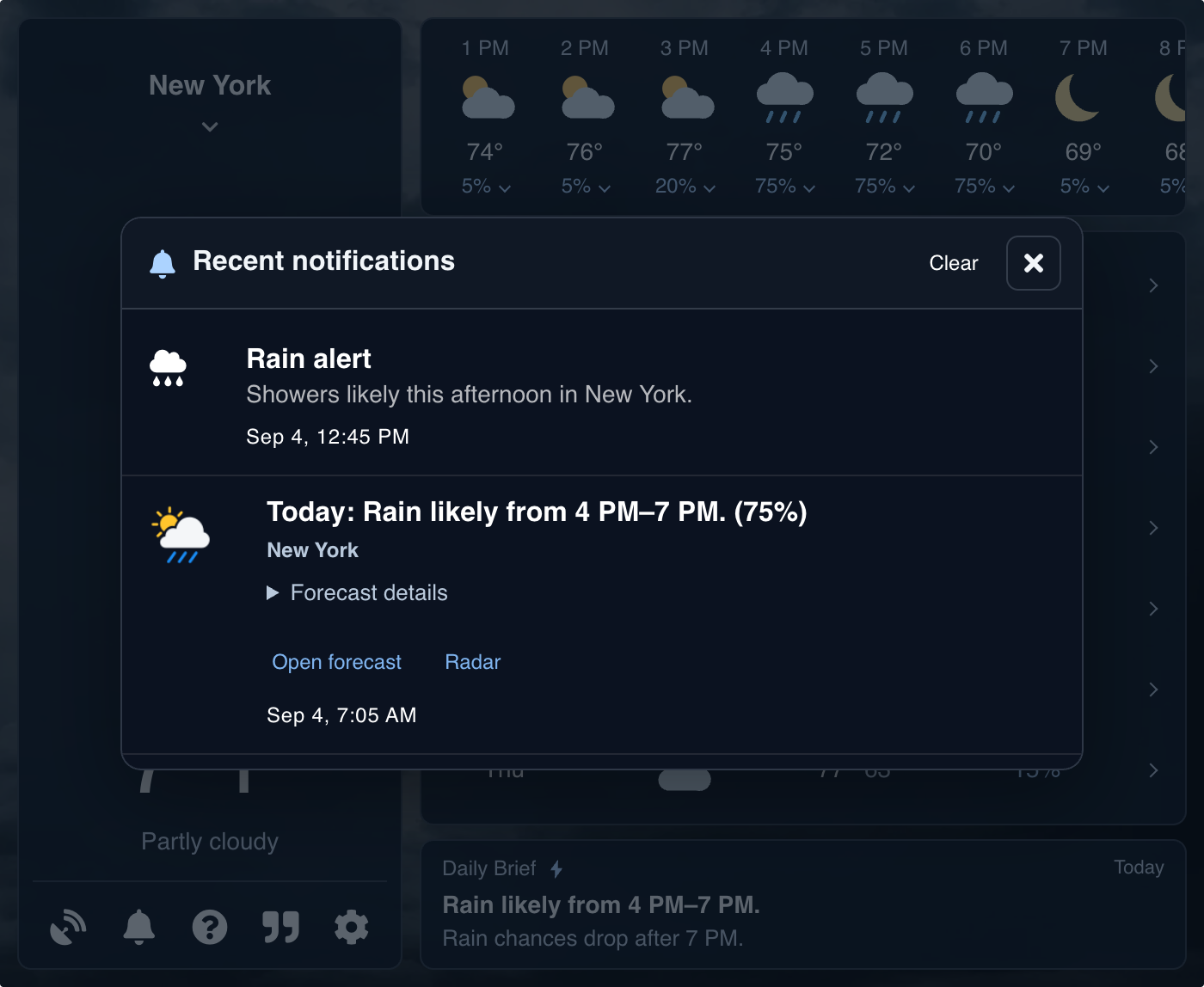 Recent notifications showing a rain alert and a morning summary with Forecast details, Open forecast, and Radar