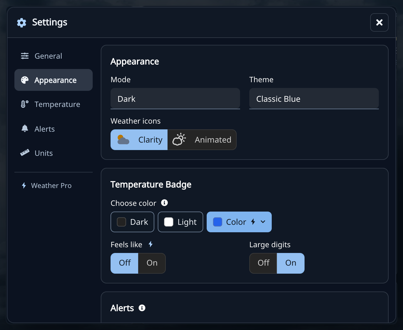 2026 Weather Extension Appearance settings with light and dark themes and Clarity and Animated weather icons