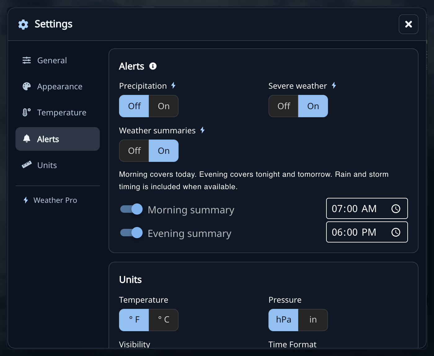 Alerts settings with morning and evening weather summaries enabled for 7 AM and 6 PM