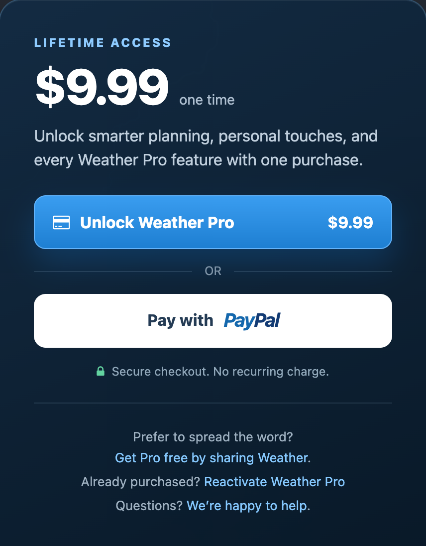 Upgrade page with Get Pro free by sharing Weather below the card and PayPal buttons